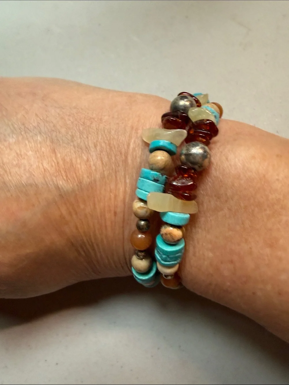 Carolyn Pollack coil Beaded Turquoise & Amber Charm Bracelet w/ sterling charms